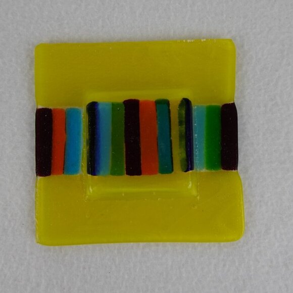 Fused Glass Square Ashtray Trinket Dish Candy Yellow Rainbow Striped SET of 2 - Picture 6 of 6
